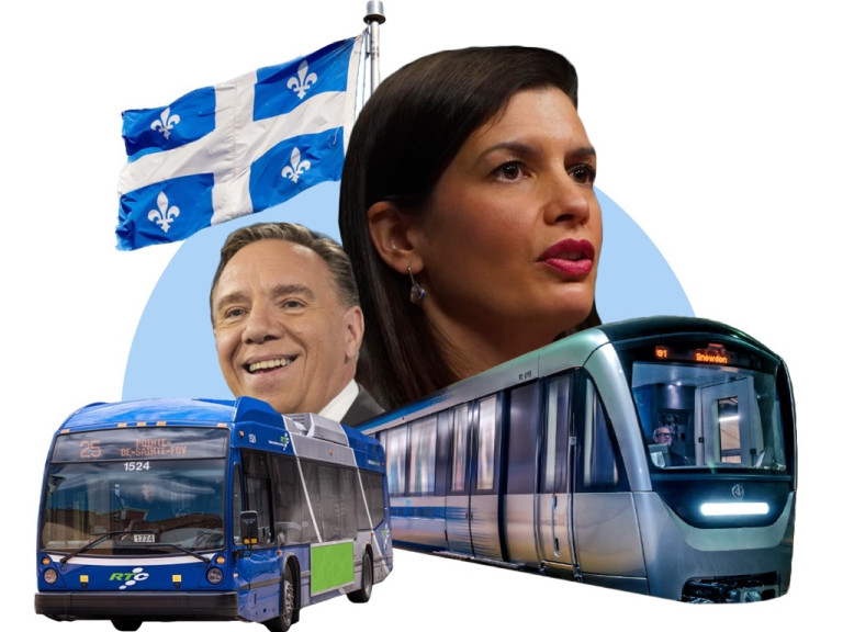 Image de la campagne : M. Legault et Mme Guilbault, ainsi qu'un train et un autobus
